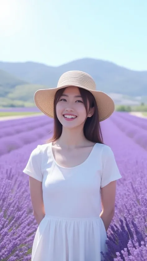 Photorealistic image of a woman,
High quality image, Young Japanese woman in her 20s, Lavender field in full bloom in Furano, Hokkaido, Wearing a white sundress and a straw hat, Standing amidst the rows of purple lavender, Sunlight filtering through the flowers, Rolling hills and blue sky in the background, Close-up shot capturing the woman's joyful expression and the vibrant colors of the lavender field., (best quality), (masterpiece), 16k, 8K, ultra detailed, detailed skin, detailed face, masterpiece, best quality, ultra-detailed, intricate details, high resolution, 8k, sharp focus, vivid colors, high contrast, cinematic lighting, [:"Neutral facade, with lips comfortably parted. Eyes softly squinted, hinting at a concealed sensuality. Cheeks subtly colored.":0.3]