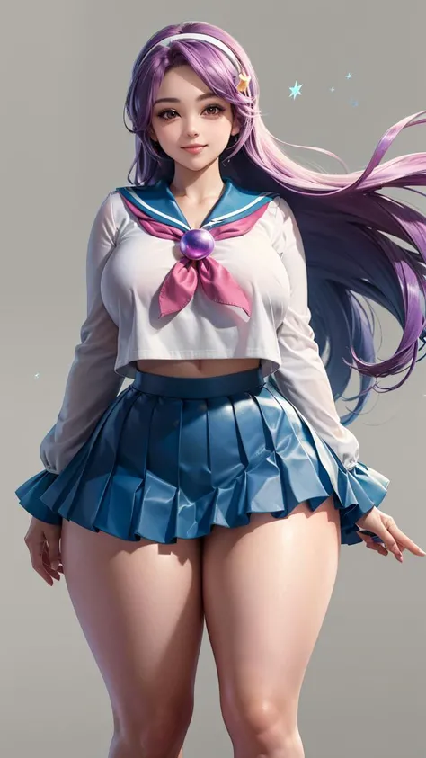 (masterpiece, best quality, beautiful, aesthetic, perfect, intricate, delicate, ultra detailed:1.2), 1girl, aa2, (kawaii:1.25), cute, adorable, (curvy:1.5), (huge breasts, thick thighs, wide hips:1.35), purple hair, long hair, hairband, star ornament, long hair, (happy, smile:1.15), school uniform, serafuku, white shirt, blue skirt, ahoge, parted bangs, pleated skirt, midriff, long sleeves, sailor collar, cinematic, athmospheric, (fighting:1.15)