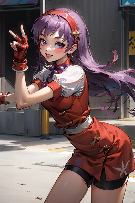 (masterpiece), (best quality), (ultra-detailed), intricate detail, 1girl, <lora:asamiya_athena:0.8>, <lyco:fashionGirl_v53:0.1>, aa1, purple hair, long hair, hairband, long hair, necklace, bike shorts, earrings, red dress, small breasts, puffy short sleeves, white sleeves, wristband, fingerless gloves, street and people background, in public, cute, cute pose, light smile, (blush:0.5),