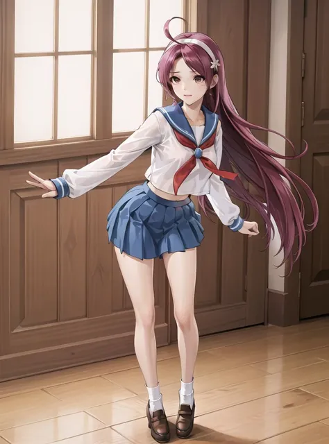 Beautiful face,best quality,highres, (1girl:1.3),solo,aa2, long hair, hairband school uniform, serafuku, white shirt, blue skirt, ahoge, parted bangs, pleated skirt, midriff, long sleeves, sailor collar,(standing:0.9),(spread legs quality:0.6),full body,  beautlful legs,white socks <lora:asamiya_athena:0.6>