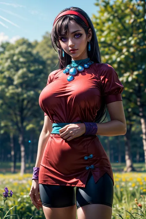 (ultra realistic,32k, masterpiece:1.2),(high detailed skin:1.1),( high quality:1.1),
<lora:asamiya_athena_3:0.6>(determined:1.1),aa1, purple hair, long hair, hairband, long hair, necklace, bike shorts, earrings, red dress, puffy short sleeves, white sleeves, wristband, open field, vast expanse, wildflowers, tranquil blurry background,(looking at viewer, standing, from below:1.1),, huge breast,large breast,<lora:add_detail:0.97>,
(bioluminiscent:1.1)