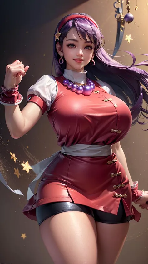 (masterpiece, best quality, beautiful, aesthetic, perfect, intricate, delicate, ultra detailed:1.2), 1girl, aa1, (kawaii:1.25), cute, adorable, (curvy:1.5), (huge breasts, thick thighs, wide hips:1.35), purple hair, long hair, hairband, star ornament, long hair, (happy, smile:1.15), necklace, bike shorts, earrings, (red dress:1.2), puffy short sleeves, white sleeves, wristband, cinematic, athmospheric, (fighting:1.15)