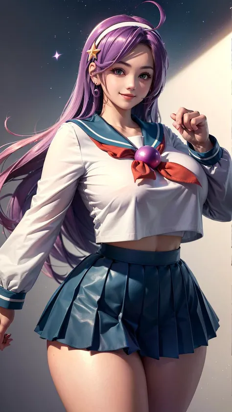 (masterpiece, best quality, beautiful, aesthetic, perfect, intricate, delicate, ultra detailed:1.2), 1girl, aa2, (kawaii:1.25), cute, adorable, (curvy:1.5), (huge breasts, thick thighs, wide hips:1.35), purple hair, long hair, hairband, star ornament, long hair, (happy, smile:1.15), school uniform, serafuku, white shirt, blue skirt, ahoge, parted bangs, pleated skirt, midriff, long sleeves, sailor collar, cinematic, athmospheric, (fighting:1.15)