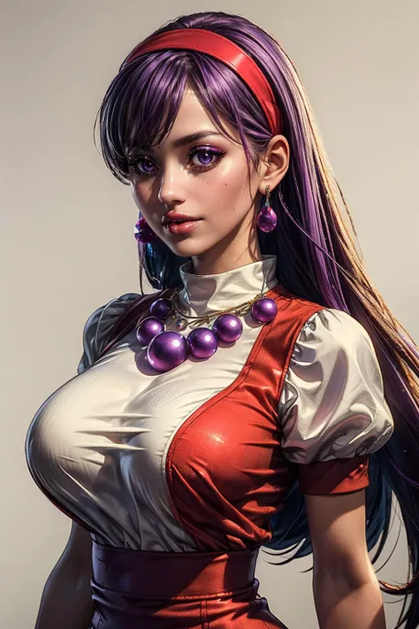 (ultra realistic,32k, masterpiece:1.2),(high detailed skin:1.1),( high quality:1.1),
<lora:asamiya_athena_3:0.6>(happy:1.1),aa1, purple hair, long hair, hairband, long hair, necklace, bike shorts, earrings, red dress, puffy short sleeves, white sleeves, wristband, (blank background:1.2) blurry background,(looking at viewer, portrait:1.1),, huge breast,large breast,<lora:add_detail:0.82>,
(refraction:1.1)