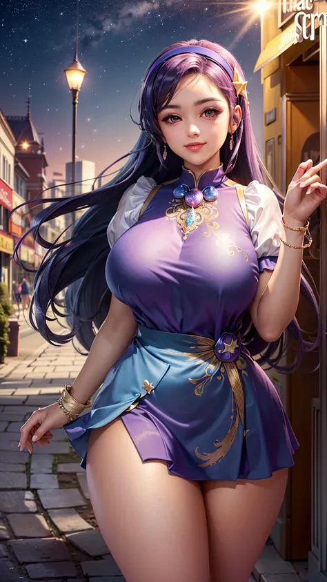 (masterpiece, best quality, beautiful, aesthetic, perfect, intricate, delicate, ultra detailed:1.2), 1girl, aa1, (kawaii:1.25), cute, adorable, (curvy:1.5), (huge breasts, thick thighs, wide hips:1.35), purple hair, long hair, hairband, star ornament, long hair, purple eyes, (happy, smile:1.15), (Wonderland:1.5), (frilly dress:1.2), scenery, outside, hills, sunlight, stars, cinematic, athmospheric