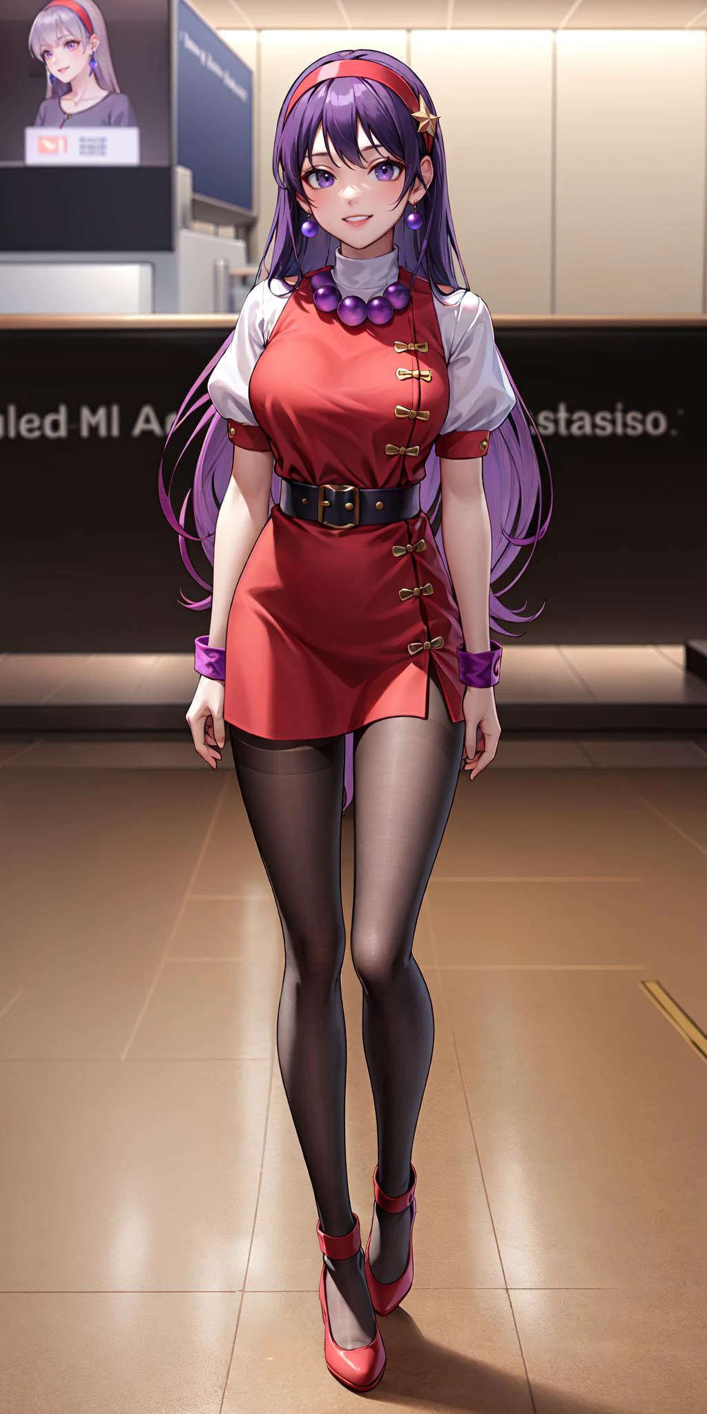 black pantyhose,white belt,masterpiece,best quality,highres,aa1,purple hair,long hair,hairband,long hair,necklace,earrings,wristband,<lora:asamiya_athena:0.6>,smile,<lora:Xian-Tæé¨ä¿®å¤lora_v3.0:1>,red dress,puffy short sleeves,white sleeves,wristband,full body,airport,