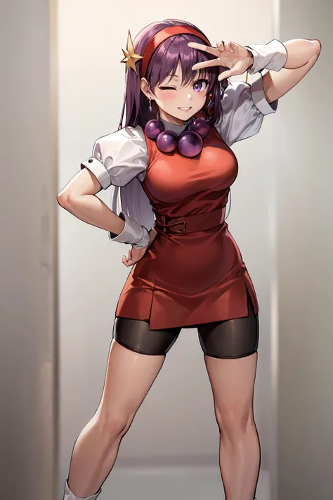 masterpiece, best quality, highres,
1girl,solo,hongkong,street,hongkong street back ground, The most detailed background,
aa1, purple hair, long hair, hairband, long hair, earrings,
medium breasts,
necklace, bike shorts, red dress, puffy short sleeves, white sleeves, wristband,
,hand on cheek,hand on hip,(standing:1.3),spread legs,upper body,from view,
smile, one eye closed, Split lips,
hongkong,street,hongkong street back ground, The most detailed background,
<lora:asamiya_athena:0.6>