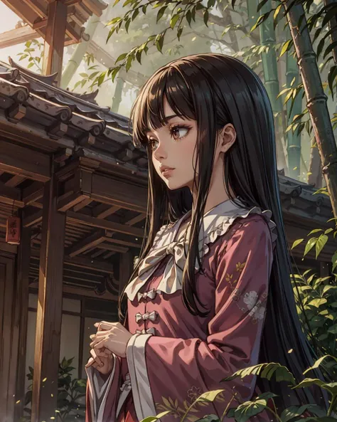<lora:kaguyaH:1>, 1girl, solo, masterpiece, best quality, (houraisan kaguya), black hair, hime cut, bangs, blunt bangs, sidelocks, long hair, very long hair, brown eyes, (pink shirt) with white_bow and white_bowties, frills, long wide sleeves, dark red skirt with floral and bamboo print, long skirt, east asian architecture, shouji, veranda, outdoors, bamboo, bamboo forest, nature, fog, bush, leaves, branch, rocks, dirt, grass, dappled sunlight, godrays, light particles, Touhou, realistic, <lora:add_detail:0.25>