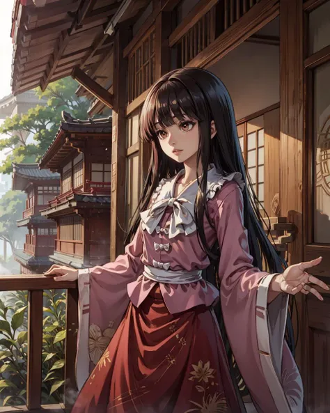 <lora:kaguyaH:1>, 1girl, solo, masterpiece, best quality, (houraisan kaguya), black hair, hime cut, bangs, blunt bangs, sidelocks, long hair, very long hair, brown eyes, (pink shirt) with white_bow and white_bowties, frills, long wide sleeves, dark red skirt with floral and bamboo print, long skirt, east asian architecture, shouji, veranda, outdoors, bamboo, bamboo forest, nature, fog, dappled sunlight, Touhou