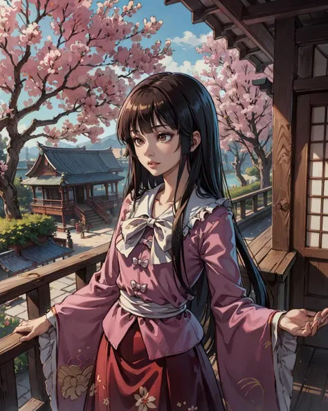 <lora:kaguyaH:1>, 1girl, solo, masterpiece, best quality, (houraisan kaguya), black hair, hime cut, bangs, blunt bangs, sidelocks, long hair, very long hair, brown eyes, (pink shirt) with white_bow and white_bowties, frills, long wide sleeves, dark red skirt with floral and bamboo print, long skirt, cowboy shot, east asian architecture, shouji, veranda, outdoors, day, Touhou