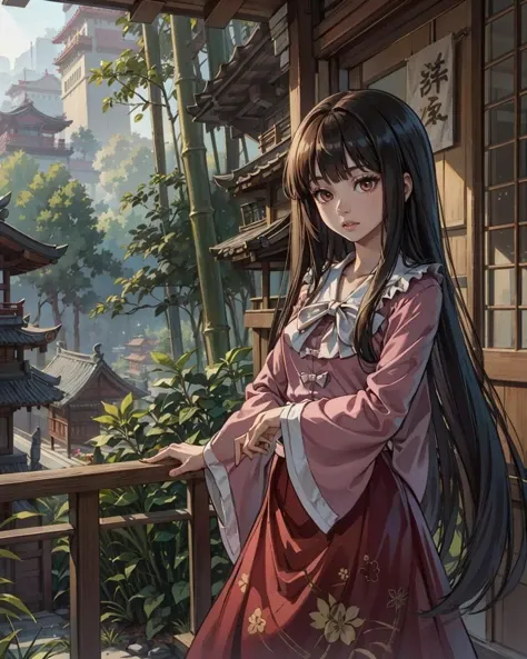 <lora:kaguyaH:1>, 1girl, solo, masterpiece, best quality, (houraisan kaguya), black hair, hime cut, bangs, blunt bangs, sidelocks, long hair, very long hair, brown eyes, (pink shirt) with white_bow and white_bowties, frills, long wide sleeves, dark red skirt with floral and bamboo print, long skirt, cowboy shot, east asian architecture, shouji, veranda, outdoors, bamboo forest, nature, day, dappled sunlight, Touhou