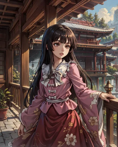 <lora:kaguyaH:1>, 1girl, solo, masterpiece, best quality, (houraisan kaguya), black hair, hime cut, bangs, blunt bangs, sidelocks, long hair, very long hair, brown eyes, (pink shirt) with white_bow and white_bowties, frills, long wide sleeves, dark red skirt with floral and bamboo print, long skirt, cowboy shot, east asian architecture, shouji, veranda, outdoors, day, Touhou
