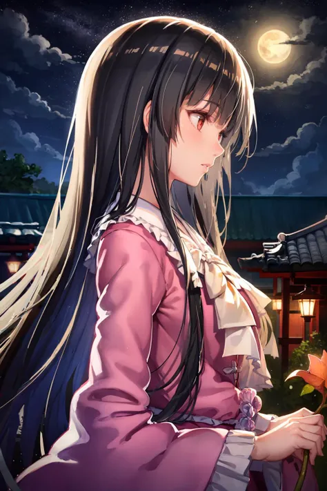 masterpiece, best quality, <lora:kaguya:1> <lora:style03:1>,1girl, long hair, solo, houraisan kaguya, moon, branch, full moon, black hair, night, leaf, sky, upper body, profile, red eyes, night sky, frills, from side, pink shirt, shirt, flower, bangs, frilled shirt collar, very long hair, long sleeves, autumn leaves, outdoors, maple leaf, lips, star (sky), breasts, sidelocks, brown eyes, starry sky, parted lips, hime cut, cloud, cherry blossoms, blouse, japanese clothes, expressionless, white bowtie