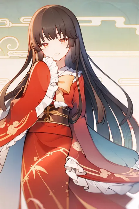 masterpiece, best quality, <lora:kaguya:1>, <lora:gmstyle:1.4>,1girl, houraisan kaguya, solo, long hair, bamboo, jeweled branch of hourai, smile, black hair, branch, red eyes, bamboo forest, japanese clothes, wide sleeves, very long hair, nature, forest, brown hair, looking at viewer, long sleeves, bow, sleeves past wrists, ribbon