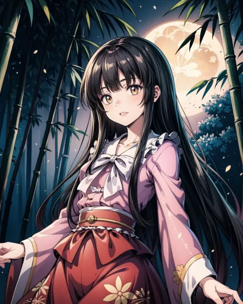 1girl, houraisan_kaguya, black hair, very long hair, hime cut, blunt bangs, sidelocks, night, moonlight, bamboo forest, cinematic lighting, beautiful lunarian princess, cowboy shot, perfect composition, (kbxll:0.6), <lora:kaguyaH:1>, masterpiece, best quality, <lora:add_detail:1>, <lyco:GoodHands-beta2:1.0>