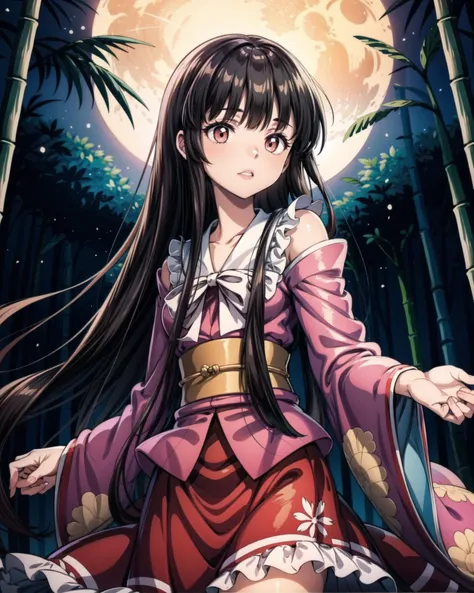 1girl, houraisan_kaguya, black hair, very long hair, hime cut, blunt bangs, sidelocks, night, moonlight, bamboo forest, pink kimono, red skirt, cinematic lighting, beautiful lunarian princess, cowboy shot,  perfect composition, (kbxll:0.6), <lora:kaguyaH:1>, masterpiece, best quality, <lora:add_detail:1>, <lyco:GoodHands-beta2:1.0>