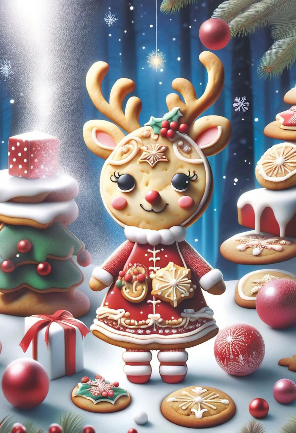 SugarCookieStyle, cute girl wearing red Christmas dress is hugging happy reindeer,
(snowy forest, moonlight, Christmas trees), (sparkles, sparkling clothes, sparkling eyes),