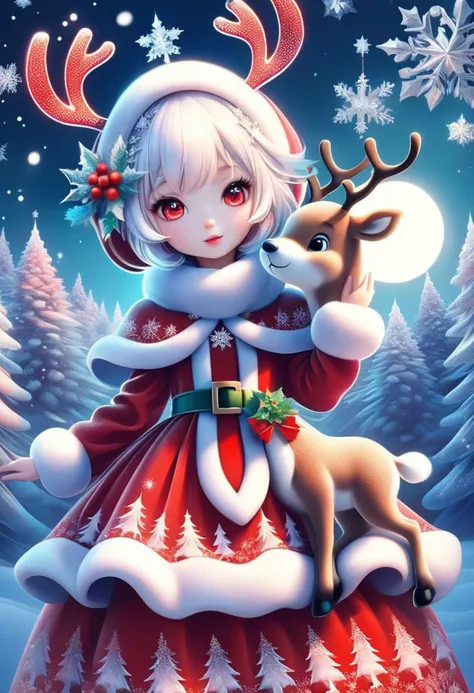 (FrostedStyle, SnowStyle, AuroraStyle:0.3), cute girl wearing red Christmas dress is petting cartoon reindeer,
(snowy forest, moonlight, Christmas trees), (sparkles, sparkling clothes, sparkling eyes),