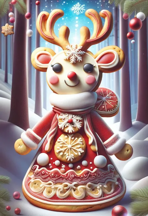 SugarCookieStyle, cute girl wearing red Christmas dress is hugging happy reindeer,
(snowy forest, moonlight, Christmas trees), (sparkles, sparkling clothes, sparkling eyes),