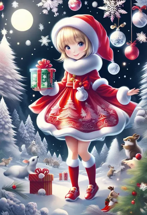 FrostedStyle, cute girl wearing red Christmas dress is holding Christmas present, happy smile, surrounded by small woodland animals,
(snowy forest, moonlight, Christmas trees), (sparkles, sparkling clothes, sparkling eyes),