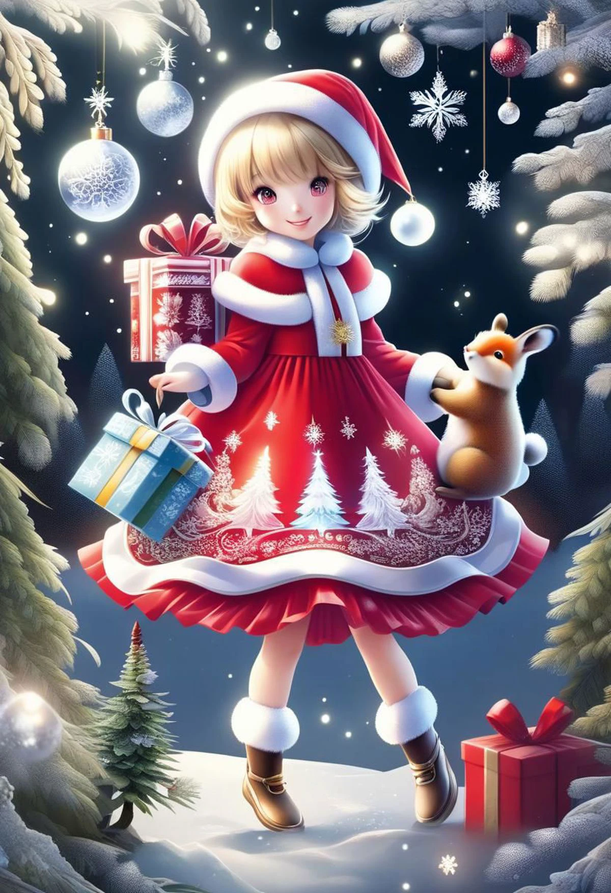 FrostedStyle, cute girl wearing red Christmas dress is holding Christmas present, happy smile, surrounded by small woodland animals,
(snowy forest, moonlight, Christmas trees), (sparkles, sparkling clothes, sparkling eyes),