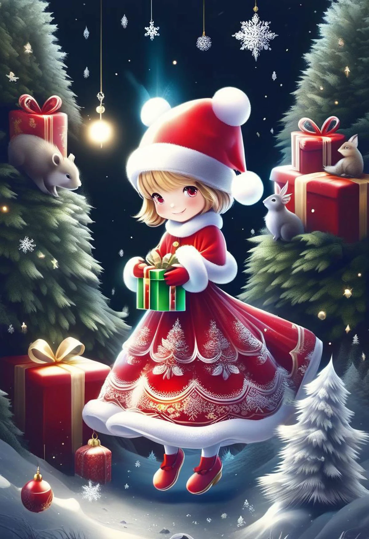 FrostedStyle, cute girl wearing red Christmas dress is holding Christmas present, happy smile with closed eyes, surrounded by small woodland animals,
(snowy forest, moonlight, Christmas trees), (sparkles, sparkling clothes, sparkling eyes),