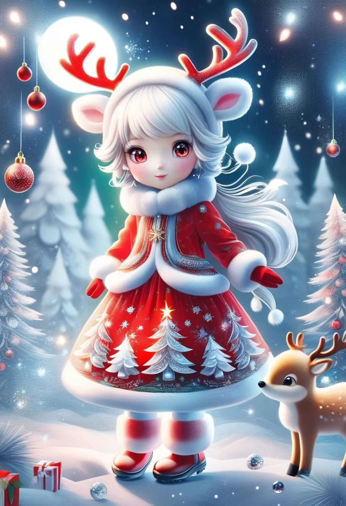 (FrostedStyle, SnowStyle, AuroraStyle:0.3), cute girl wearing red Christmas dress is petting cartoon reindeer,
(snowy forest, moonlight, Christmas trees), (sparkles, sparkling clothes, sparkling eyes),