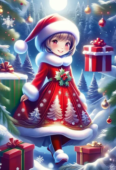 FrostedStyle, cute girl wearing red Christmas dress is holding Christmas present, big happy smile with closed eyes,
(snowy forest, moonlight, Christmas trees), (sparkles, sparkling clothes, sparkling eyes),