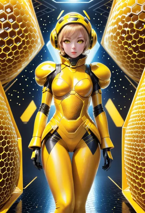 dvr-honey, beautiful beegirl wearing tight yellow made of dvr-honey hive drone outfit,
(inside giant beehive), (sparkles, sparkling clothes, sparkling eyes), sharp focus, (glossy clothing, glittering fabric),