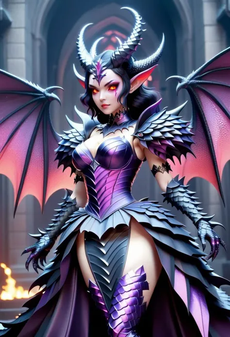 dvrscls, beautiful succubus wearing dark brimstone (puffy ballgown), spiky brimstone gauntlets, scale tiara, scale demon wings, huge scaly pauldrons, horror,
(hexagon pattern, fire and brimstone, hell-gate), (sparkles, sparkling scales, sparkling eyes), sharp focus, (dark glossy clothing, dark glittering fabric),