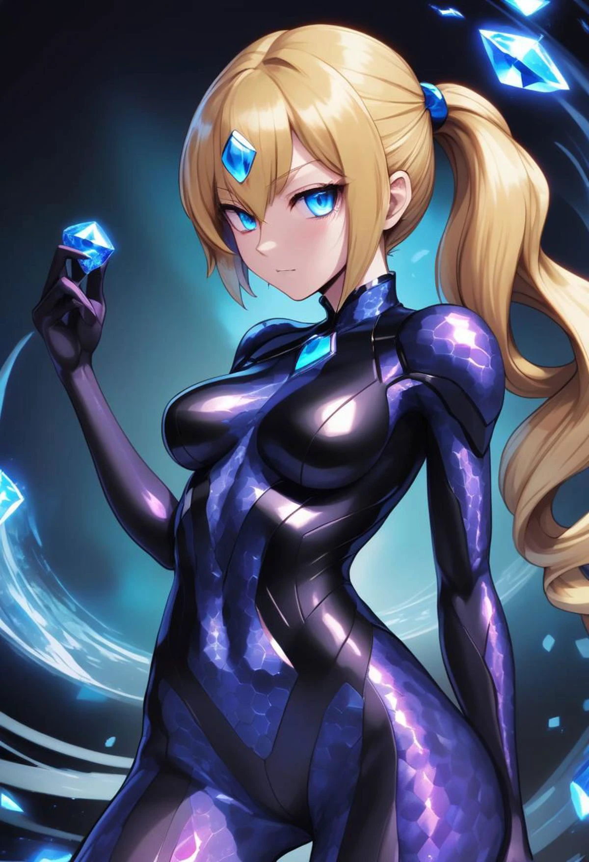 dark persona, corrupted Samus Aran\(Metroid\) wearing corrupted Zero Suit, corruption, bodysuit, skintight jumpsuit, long (ponytail:1.8) blonde hair,
(hexagon pattern fabric), (sparkles, sparkling eyes), sharp focus, (glossy clothing, glittering fabric),