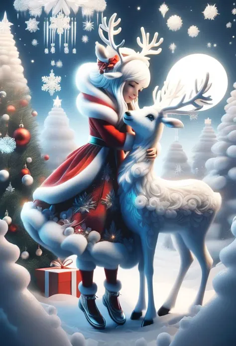 SnowStyle, cute girl wearing red Christmas dress is hugging happy reindeer,
(snowy forest, moonlight, Christmas trees), (sparkles, sparkling clothes, sparkling eyes),