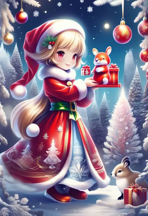 FrostedStyle, cute girl wearing red Christmas dress is holding Christmas present, happy smile with closed eyes, surrounded by small woodland animals,
(snowy forest, moonlight, Christmas trees), (sparkles, sparkling clothes, sparkling eyes),