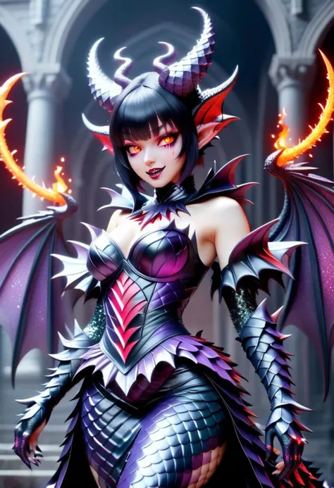 dvrscls, beautiful succubus wearing dark brimstone (puffy ballgown), spiky brimstone gauntlets, scale tiara, scale demon wings, sharp teeth, horror,
(hexagon pattern, fire and brimstone, hell-gate), (sparkles, sparkling scales, sparkling eyes), sharp focus, (dark glossy clothing, dark glittering fabric),