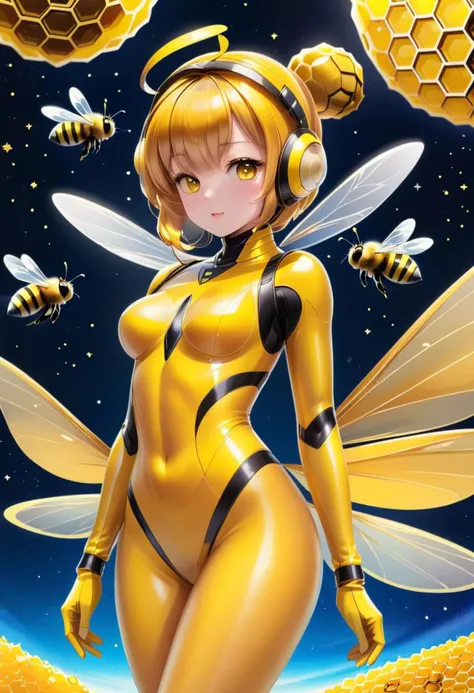 dvr-honey, beautiful beegirl wearing yellow made of dvr-honey beegirl outfit, bee leotard, bee wings,
(inside giant beehive), (sparkles, sparkling clothes, sparkling eyes), sharp focus, (glossy clothing, glittering fabric),