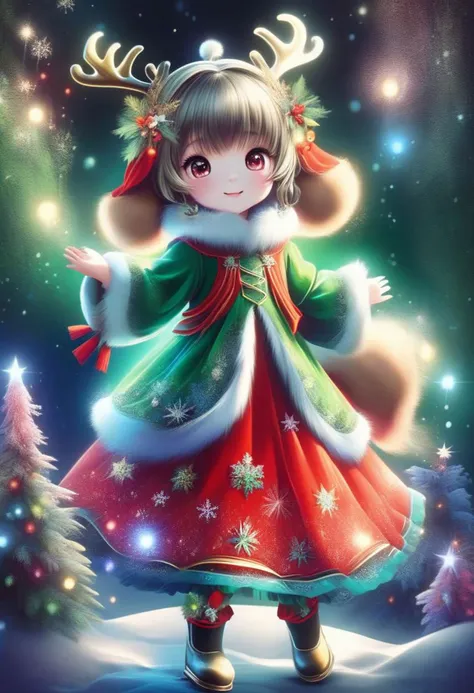 AuroraStyle, cute girl wearing red Christmas dress is hugging happy reindeer,
(snowy forest, moonlight, Christmas trees), (sparkles, sparkling clothes, sparkling eyes),