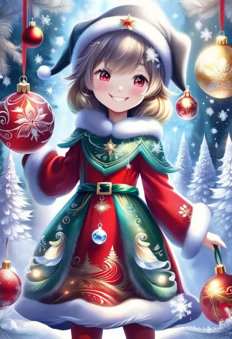 FrostedStyle, cute girl wearing red Christmas dress is holding Christmas present, big happy smile with closed eyes,
(snowy forest, moonlight, Christmas trees), (sparkles, sparkling clothes, sparkling eyes),