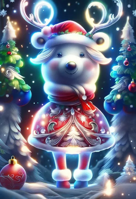 (FrostedStyle, SnowStyle, AuroraStyle:0.3), cute girl wearing red Christmas dress is hugging happy reindeer,
(snowy forest, moonlight, Christmas trees), (sparkles, sparkling clothes, sparkling eyes),