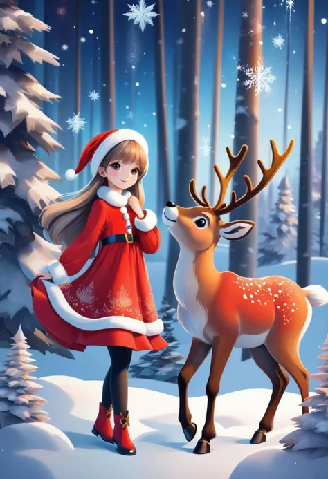 cute girl wearing red Christmas dress is hugging happy reindeer,
(snowy forest, moonlight, Christmas trees), (sparkles, sparkling clothes, sparkling eyes),