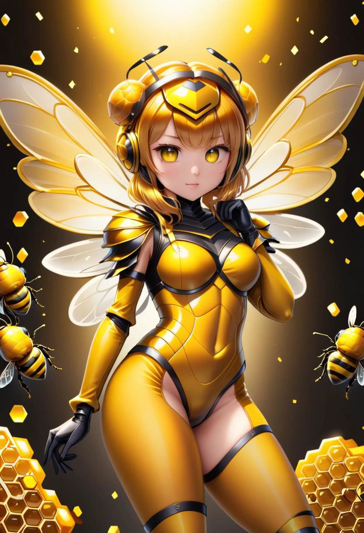 dvr-honey, beautiful beegirl wearing armored beegirl outfit, bee leotard, bee wings, tights,
(inside giant beehive), (sparkles, sparkling clothes, sparkling eyes), sharp focus, (glossy clothing, glittering fabric),