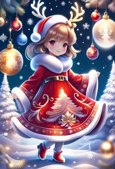 cute girl wearing red Christmas dress is hugging happy reindeer,
(snowy forest, moonlight, Christmas trees), (sparkles, sparkling clothes, sparkling eyes),