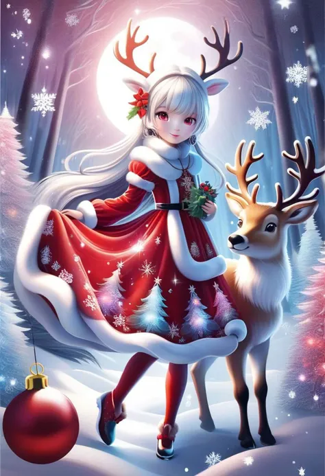 (FrostedStyle, SnowStyle, AuroraStyle:0.3), cute girl wearing red Christmas dress is hugging happy reindeer,
(snowy forest, moonlight, Christmas trees), (sparkles, sparkling clothes, sparkling eyes),