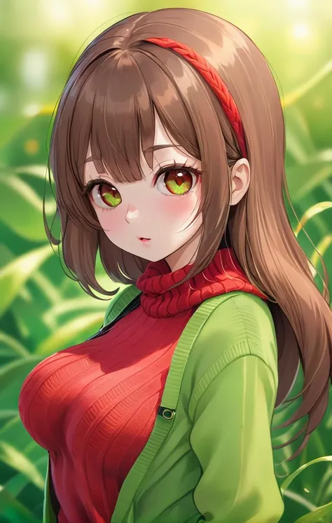 ((wallpaper 8k)), ((high detailed)), ((masterpiece)), ((best quality:1.2)), ((hdr)), ((absurdres)), ((RAW photo)), 1girl, beautiful face, brown hair, bangs, red sweater, green eyes, breast, revealing breast, simple background, green background, ,