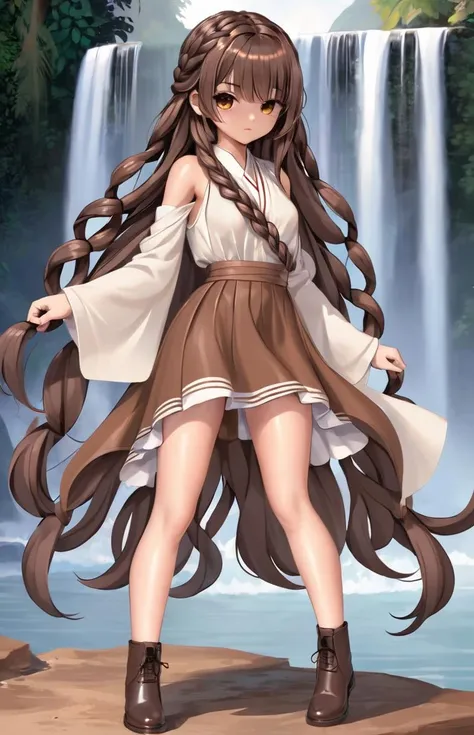 Full body photo of girl looking at camera, Medium skin, rectangular head shape, hazel eye colour, Waterfall Braid hair, chocolate hair colour <lora:SelenaGomezSDXL:1>, SelenaGomez