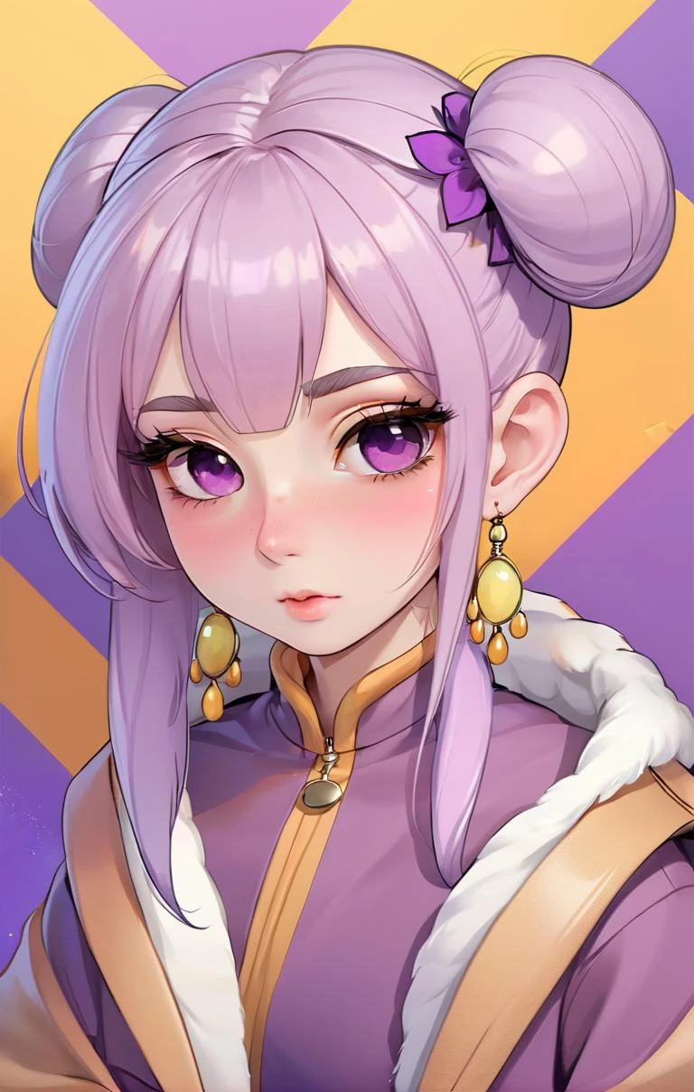 old Russian (non-binary person), looking left, Amber skin, oval head shape, cracked feminine lips, exotic eyes, brown eye colour, thick unibrow eyebrows, straight flared nostrils nose, square cheeks, wrinkles chin, soft jawline, uneven curved forehead, protruding ears, pride expression, muttering, High Ponytail hair, purple hair colour, glasses,
