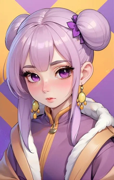 old Russian (non-binary person), looking left, Amber skin, oval head shape, cracked feminine lips, exotic eyes, brown eye colour, thick unibrow eyebrows, straight flared nostrils nose, square cheeks, wrinkles chin, soft jawline, uneven curved forehead, protruding ears, pride expression, muttering, High Ponytail hair, purple hair colour, glasses,