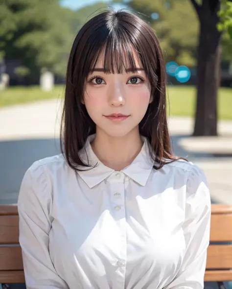 best quality, photorealistic, 8k, high res, full color, 1girl, woman, 20 years old woman, (closed mouth:1.73), (skindentation), (portrait:0.6), trees, park bench, daylight, ((park background:1.52)), full color, ((whiteshirt:1.58)), looking at viewer:1.8, (1girl eyes looking at viewer:1.55), (medium hair, brownhair, partedbangs:1.45), (bokeh), <lora:AAV-kokoro:0.69>