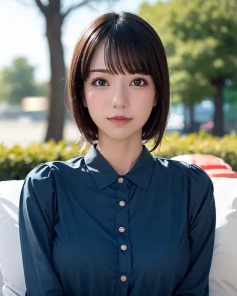 best quality, photorealistic, 8k, high res, full color, 1girl, woman, 20 years old woman, (closed mouth), (skindentation), (portrait:0.6), trees, park bench, daylight, ((park background:1.52)), full color, ((bluebuttonedshirt:1.58)), looking at viewer:1.8, (1girl eyes looking at viewer:1.55), (medium hair, brownhair, partedbangs:1.45), (bokeh), <lora:AAV-kokoro:0.69>