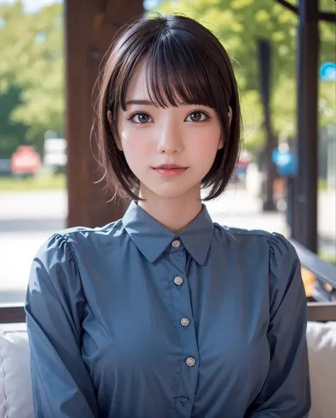 best quality, photorealistic, 8k, high res, full color, 1girl, woman, 20 years old woman, (closed mouth), (skindentation), (portrait:0.6), trees, park bench, daylight, ((park background:1.52)), full color, ((bluebuttonedshirt:1.58)), looking at viewer:1.8, (1girl eyes looking at viewer:1.55), (medium hair, brownhair, partedbangs:1.45), (bokeh), <lora:AAV-kokoro:0.69>