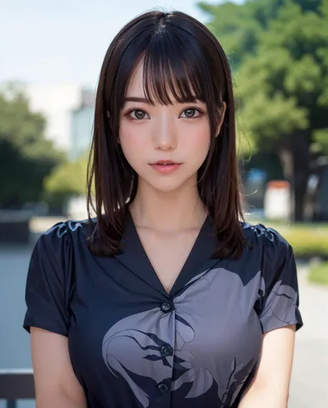 best quality, photorealistic, 8k, high res, full color, 1girl, woman, 20 years old woman, (closed mouth), (skindentation), (portrait:0.6), trees, park bench, daylight, ((park background:1.52)), full color, ((bluebuttonedshirt:1.58)), looking at viewer:1.8, (1girl eyes looking at viewer:1.55), (medium hair, brownhair, partedbangs:1.45), (bokeh), <lora:AAV-kokoro:0.69>